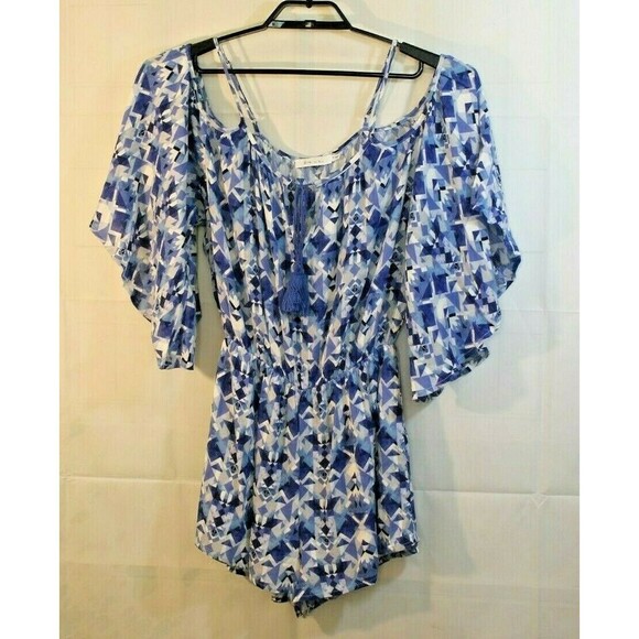 Ark NC Bohemian Romper Blue Geometric Off Shoulder Shorts One Piece Size M - Picture 2 of 5